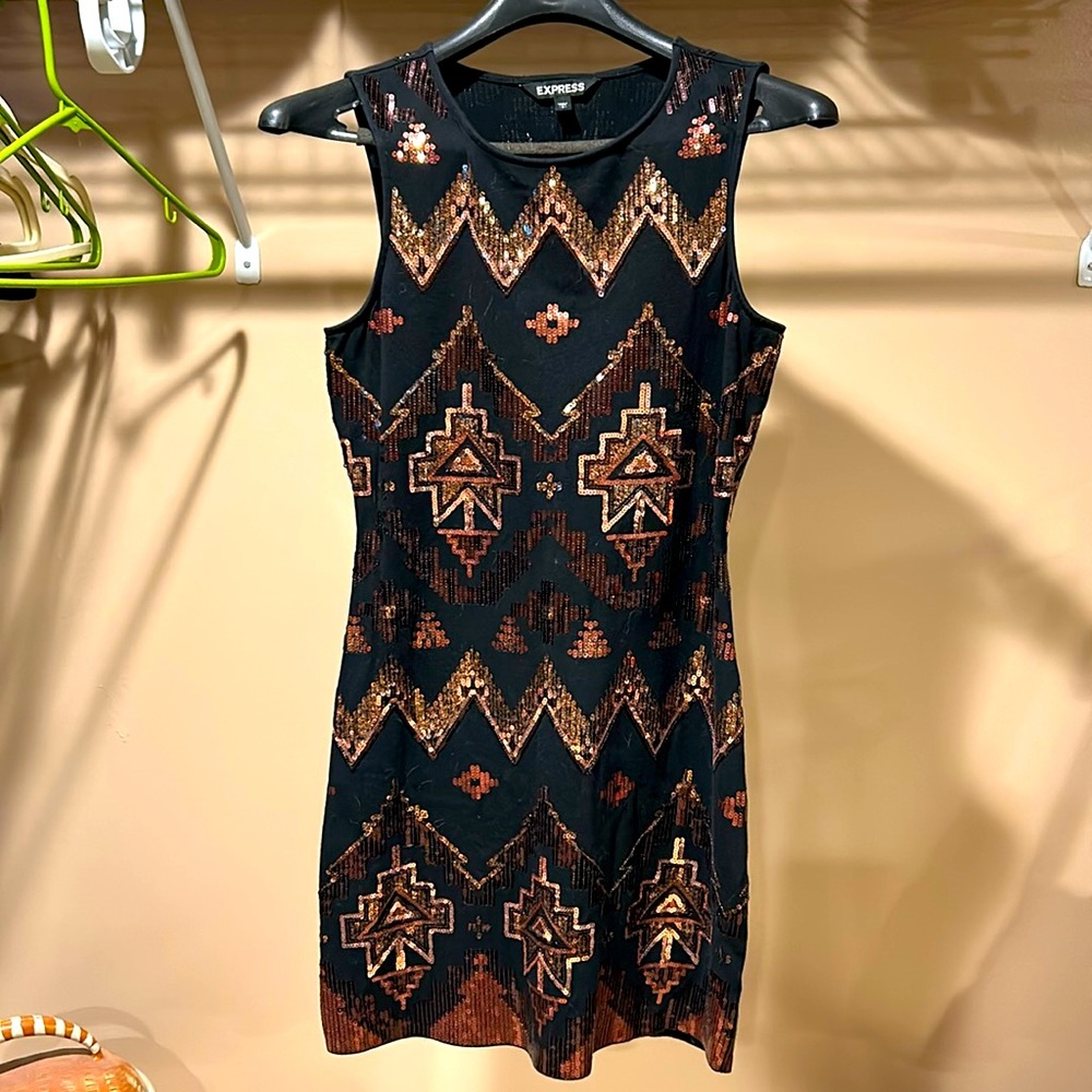 Express sequin geographic print stretch mini dress